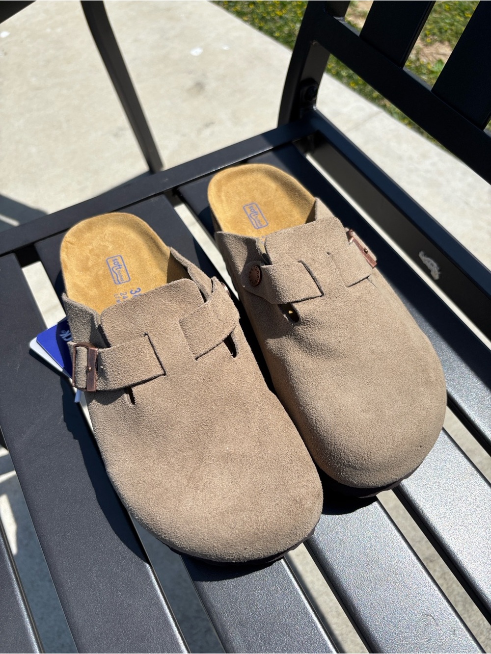 Birkenstock Taupe Suede Slip-On Clog with Brown Buckle